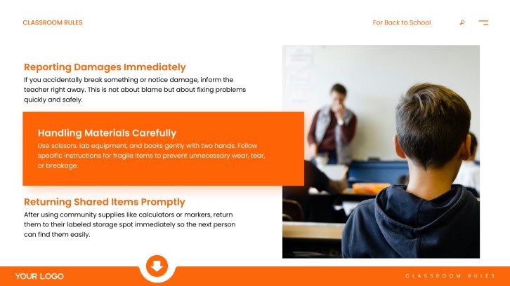 Reporting damages and handling classroom materials slide