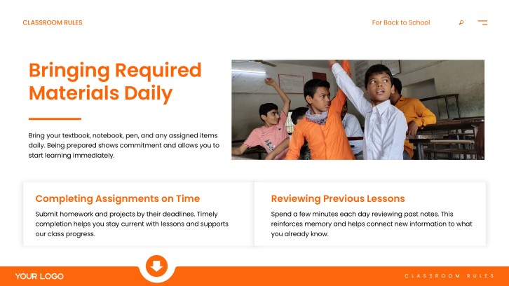 Required materials assignments and lesson review classroom rules slide