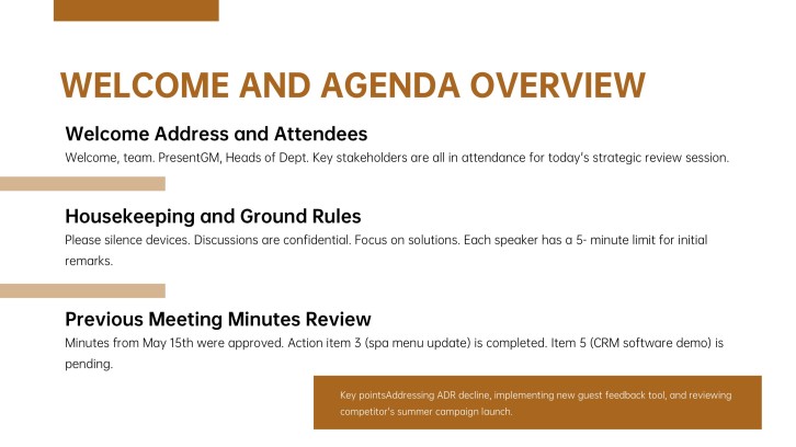 Harbor Grand welcome and agenda overview slide