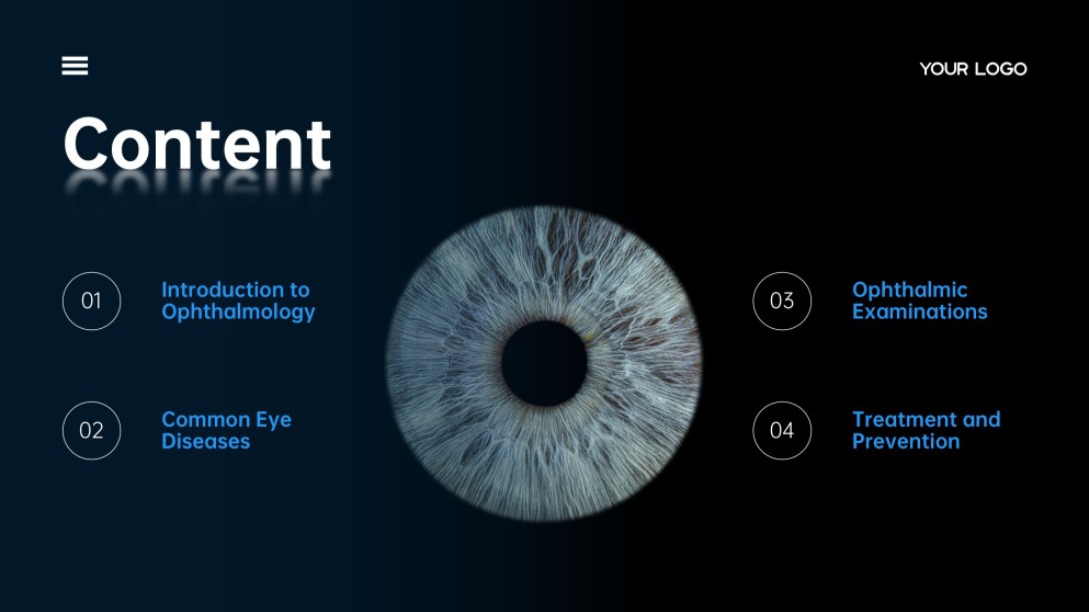 Modelo de Apresentação Médica de Oftalmologia Minimalista Azul Profundo para Google Slides