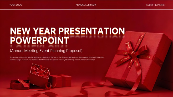 PPT Template for Presentation on New Year with Red Gift Boxes & Ribbon