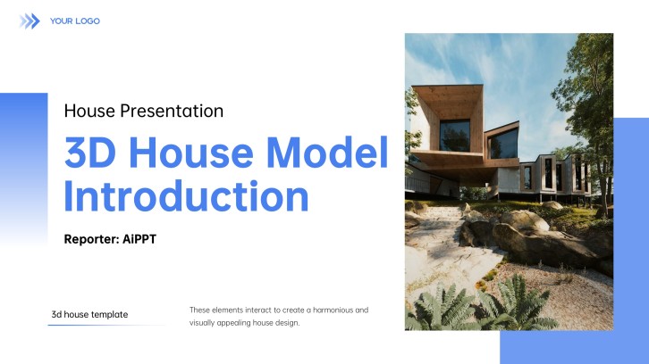 Templat Rumah 3D Biru & Putih Moden dengan Ikon Minimalis