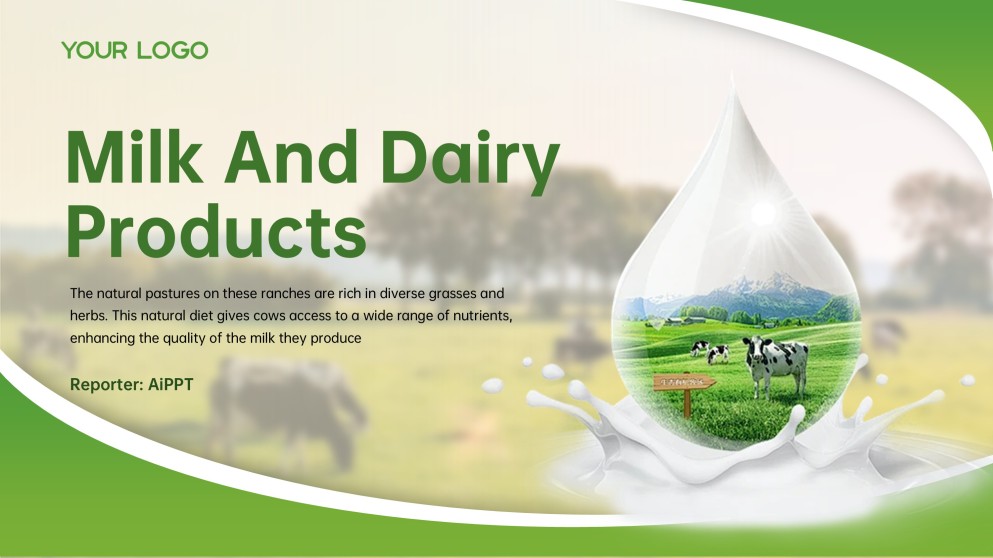 3D Green Meadow Pasture Style Milk PowerPoint Template