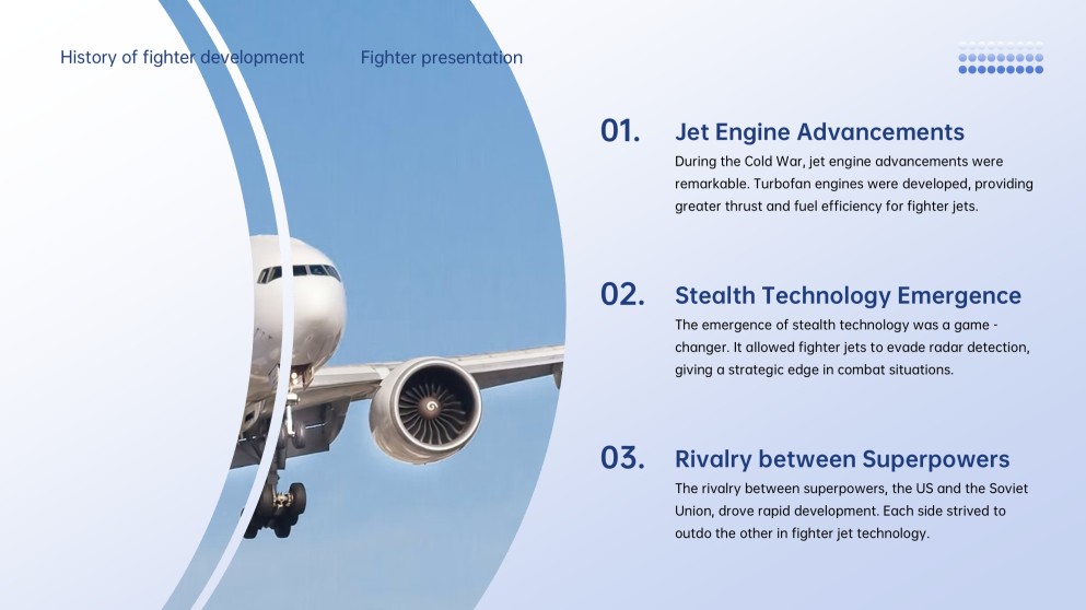 Professional Tech Blue Grid Layout Fighter Jet Template for PowerPoint