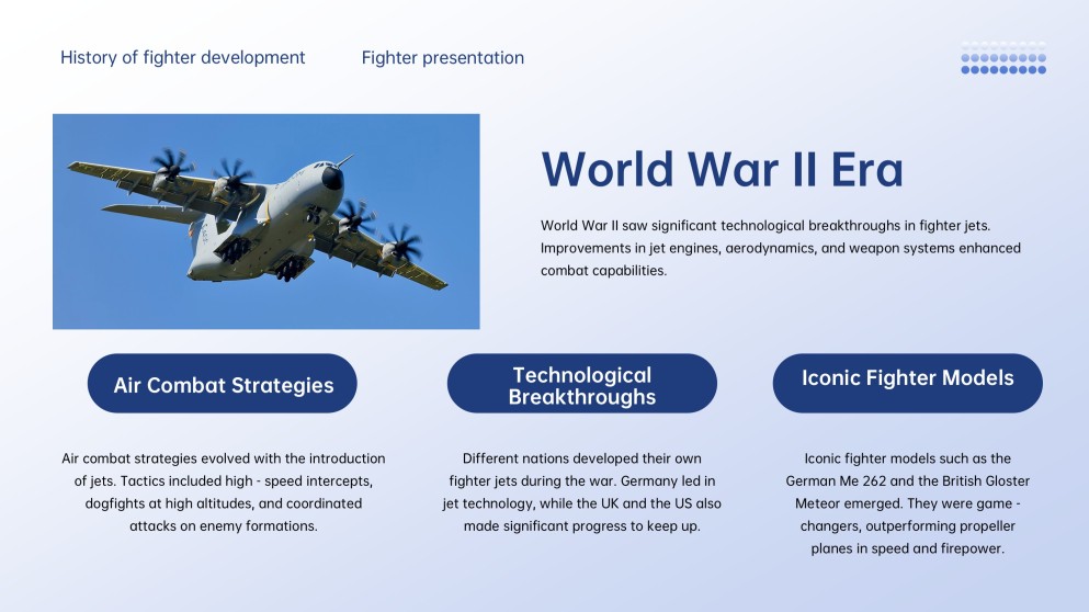 Professional Tech Blue Grid Layout Fighter Jet Template for PowerPoint