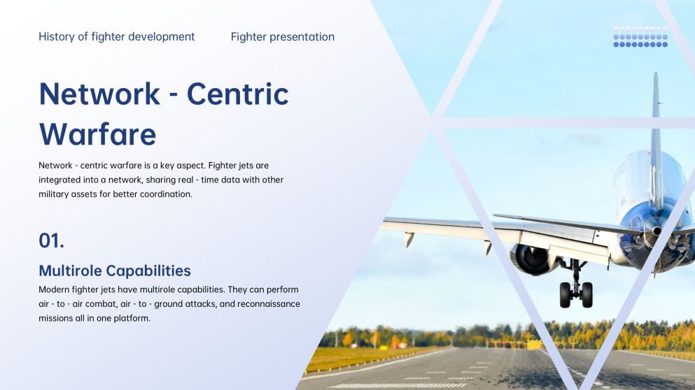Professional Tech Blue Grid Layout Fighter Jet Template for PowerPoint