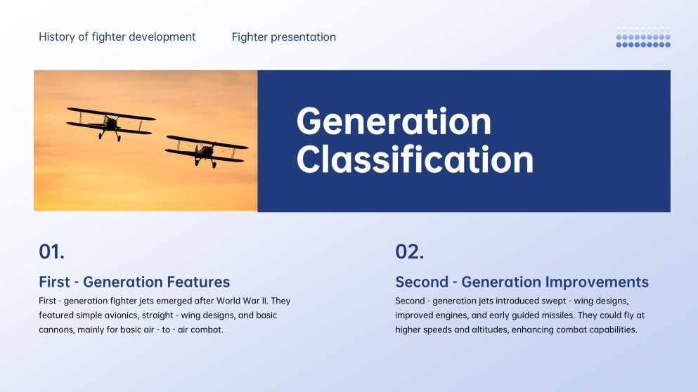 Professional Tech Blue Grid Layout Fighter Jet Template for PowerPoint