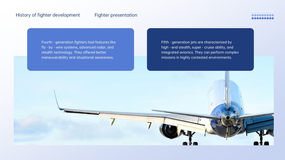 Professional Tech Blue Grid Layout Fighter Jet Template for PowerPoint