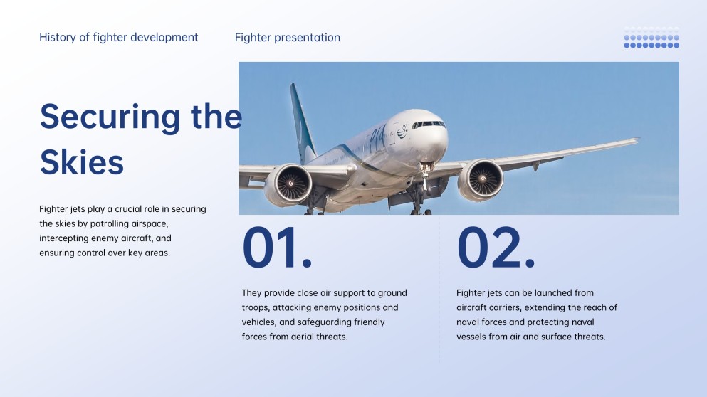 Professional Tech Blue Grid Layout Fighter Jet Template for PowerPoint