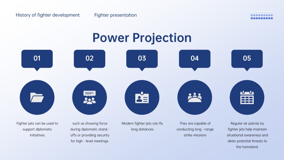 Professional Tech Blue Grid Layout Fighter Jet Template for PowerPoint