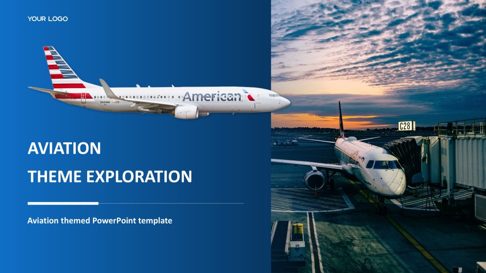 Blue Aviation PPT Template featuring Polished Plane Imagery