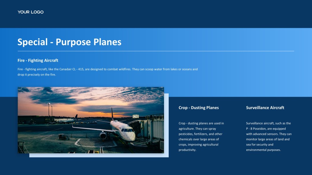 Blue Aviation PPT Template featuring Polished Plane Imagery