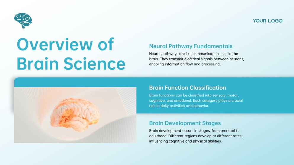 Blue Midbrain Activation Course PowerPoint Template with Brain Graphics