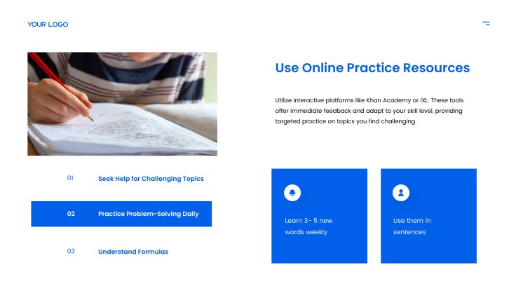 Online Practice Resources example slide for a student progress presentation