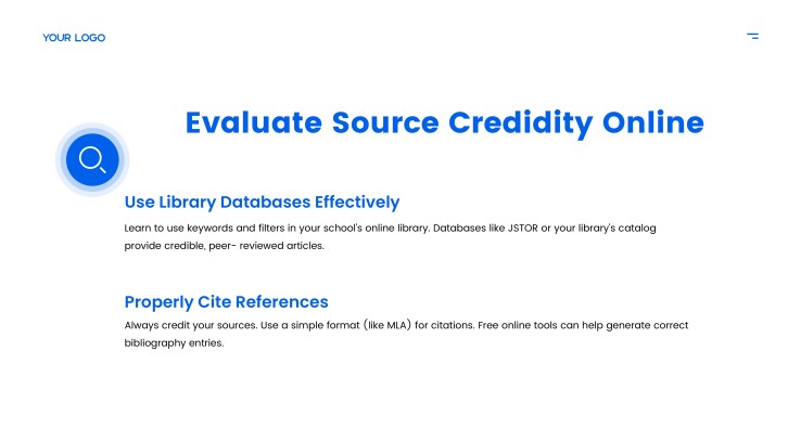 Source Evaluation example slide for a student progress presentation