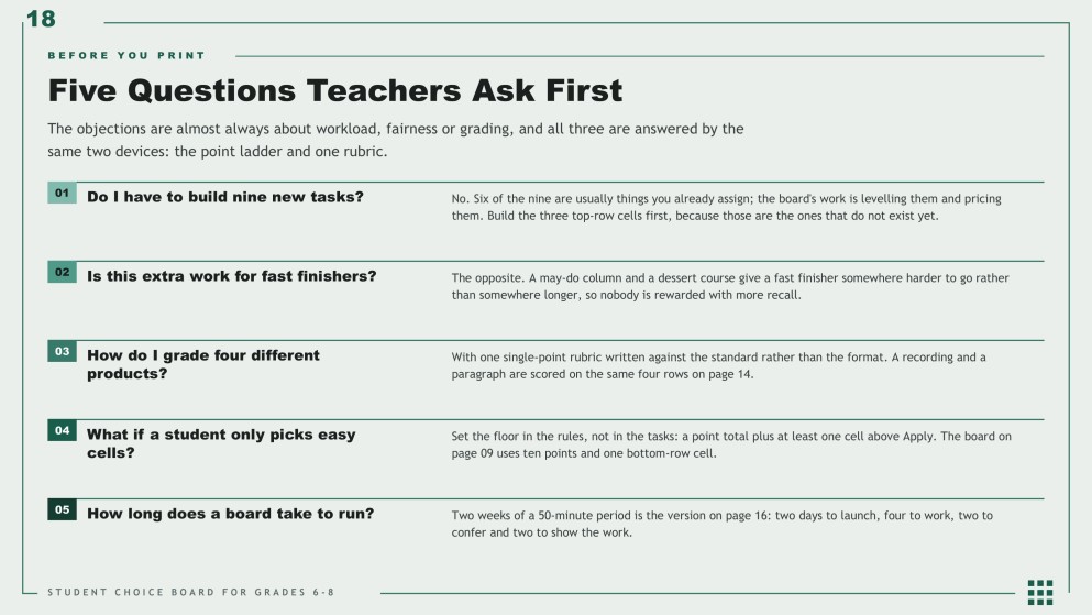 Student Choice Board for Middle School Presentation